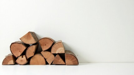 A neatly stacked pile of rustic wood logs against a minimalist white background