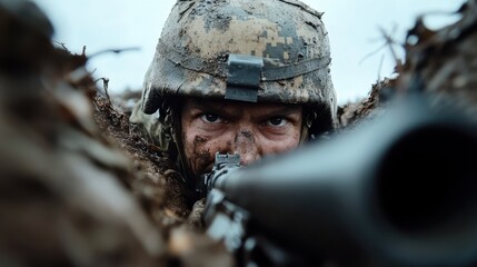A close-up of a soldier in a trench, focusing intently on the target through the sight of his rifle, symbolizing determination and the chaos of war.