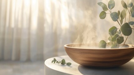 Close-up of a warm bowl with eucalyptus-infused water and rising steam, creating a tranquil spa atmosphere. Relaxation, wellness, and self-care concept.