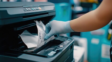 Obraz premium A person wearing gloves carefully removing jammed paper from a color printer.
