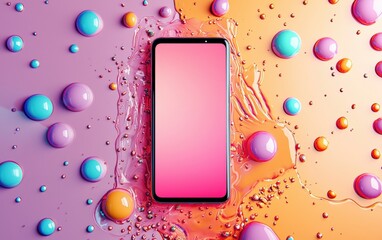 A premium smartphone mockup with a large blank display, surrounded by floating liquid droplets in vibrant, surreal colors