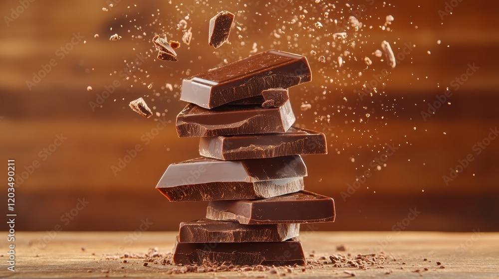 Poster an action-packed image captures chocolate bars mid-explosion, creating an exhilarating sense of moti