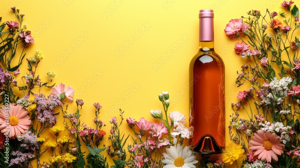 Poster a charming bottle of wine rests gracefully among an array of colorful flowers against a bright yello