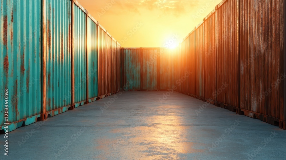 Poster a captivating view between weathered shipping containers under a sunset sky, merging colors and text