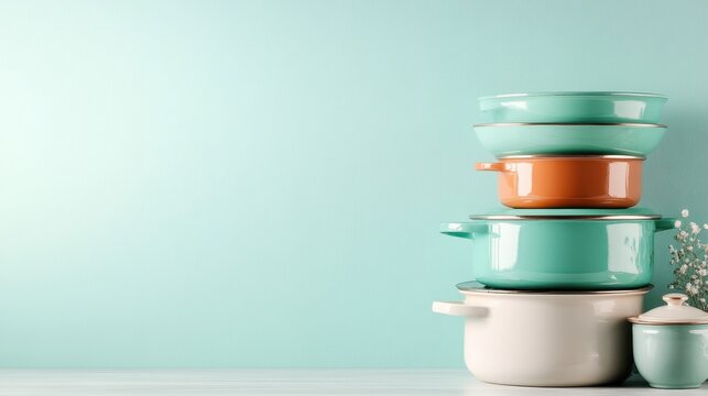 An artistic arrangement of colorful cookware stacked together, featuring a mix of vibrant colors and materials that add a lively touch to the kitchen environment.