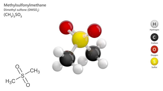 Methylsulfonylmethane (MSM). Medicament. Animated 3D model of a molecule. Molecular formula: C2H6O2S. Chemical model: Ball and sticks. White background. 3D rendering. Seamless loop.