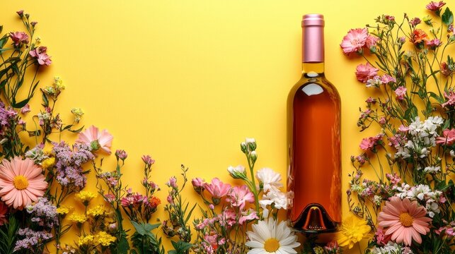 A charming bottle of wine rests gracefully among an array of colorful flowers against a bright yellow background, creating a lively and cheerful atmosphere perfect for celebrations