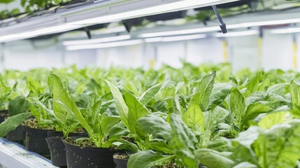 Futuristic Vertical Farm with Lush Green Plants Under LED Lights, Innovative Urban Agriculture, Sustainable Food Production