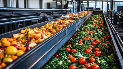 Conveyor belt filled with colorful fruits and vegetables in a processing facility, showcasing food waste management