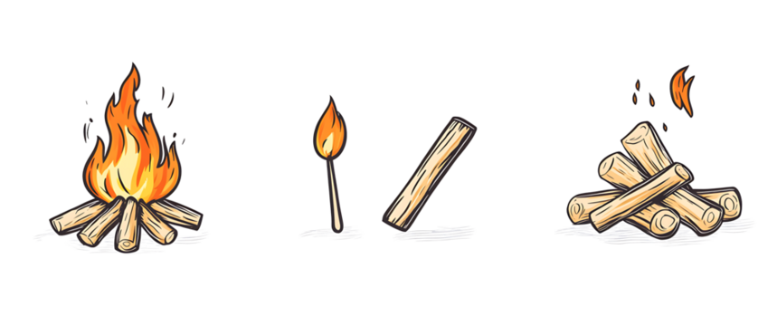 simple cartoon drawing of match lighting wood isolated on white background PNG.AI GENERATED