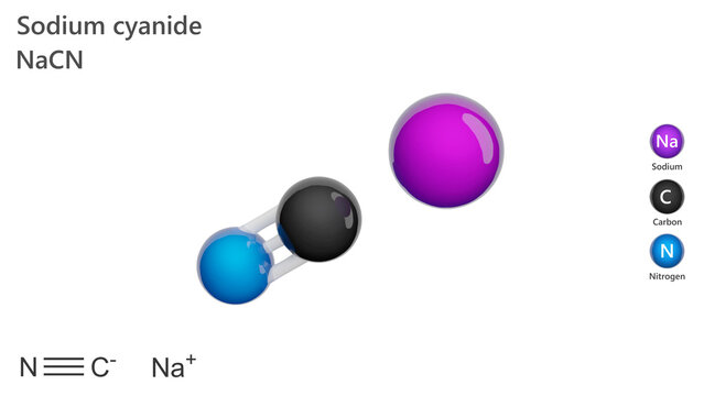 Molecule: Sodium Cyanide. Human poison. Molecular structure. Formula: NaCN. Chemical model: Ball and stick. White background. 3D illustration.