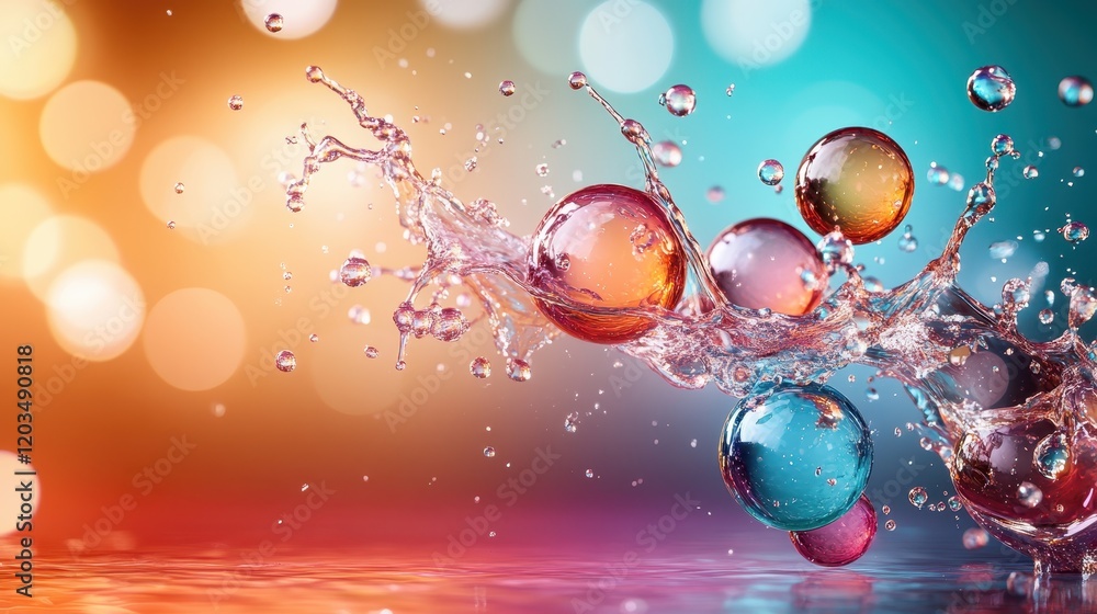 Poster an exhilarating scene of bubbles splashing in definitive colors, capturing the dynamic interplay of 