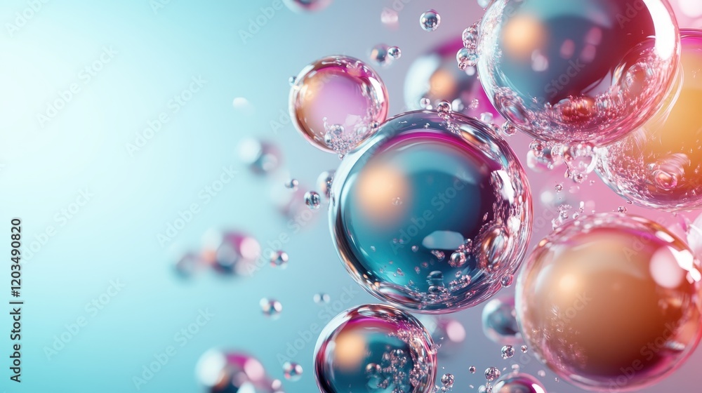 Poster a captivating array of luminous bubbles floating gracefully in a vibrant, colorful background, symbo