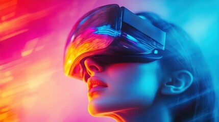 Fototapeta premium Woman experiencing virtual reality with vibrant neon lights in an immersive digital environment