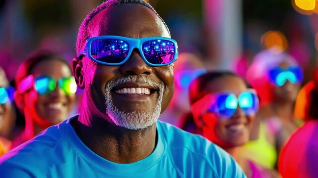 Energetic dance class with diverse participants in vibrant neon lighting