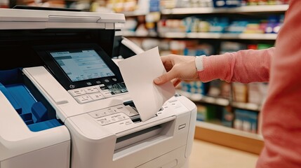 A technician opening a printer panel to remove stuck paper.