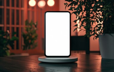 A premium smartphone with a large blank display, placed on a wireless charger with a tech-inspired backdrop