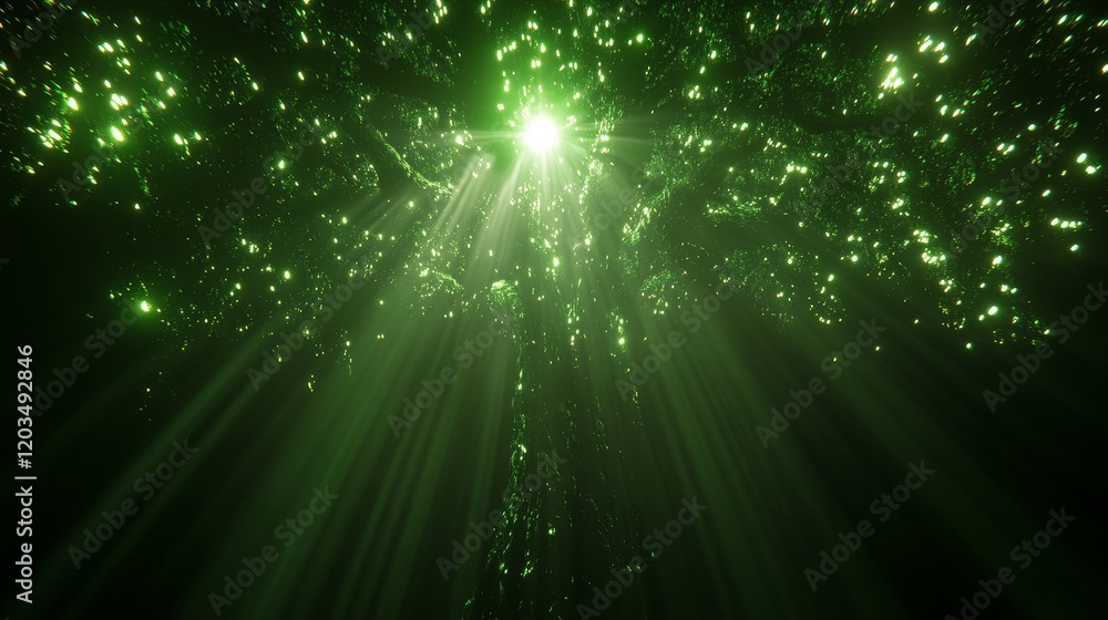 Poster green light rays erupting through particle field