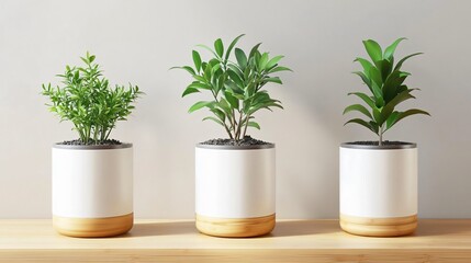 Three Green Plants in White and Bamboo Pots Minimalist Home Decor