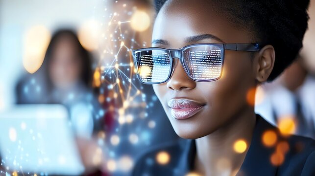 A focused individual wearing glasses working on a computer, surrounded by digital network graphics, symbolizing technology and innovation in a modern workspace.