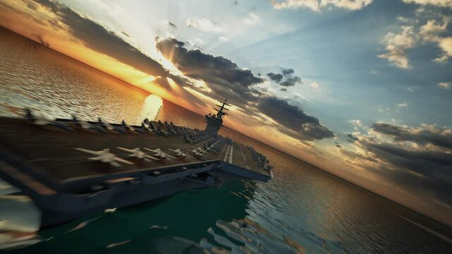 Aircraft Carrier Warship Battleship In The Ocean Navy, Sunset Time