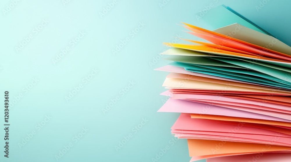 Poster a neat stack of colorful assorted sheets of paper, showcasing a variety of hues creating an inviting