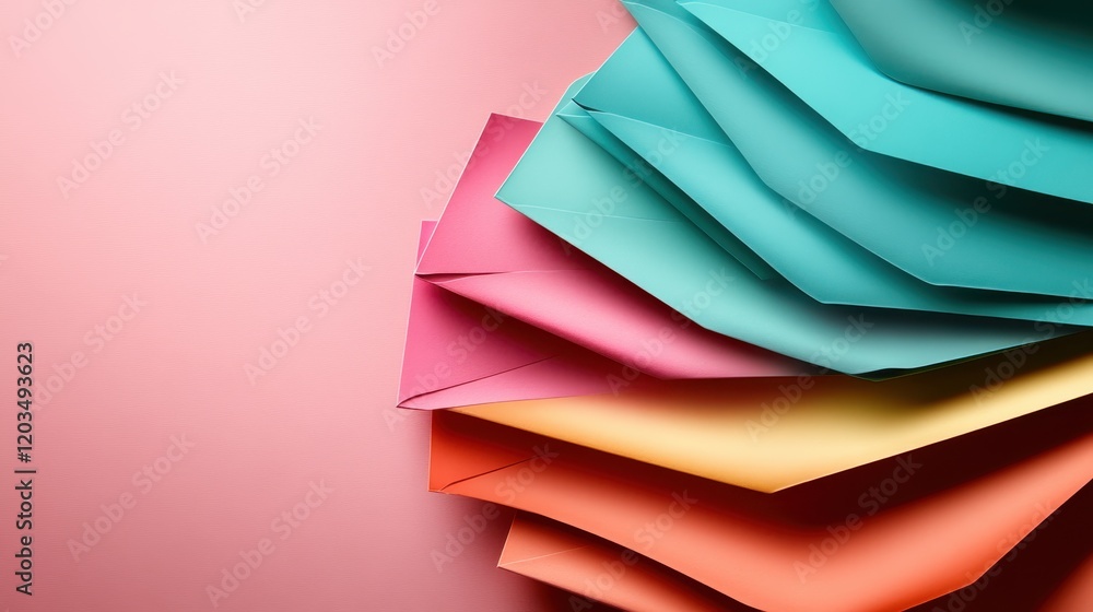 Poster a beautiful arrangement of layered colorful sheets of paper, positioned on a soft pink backdrop, emp