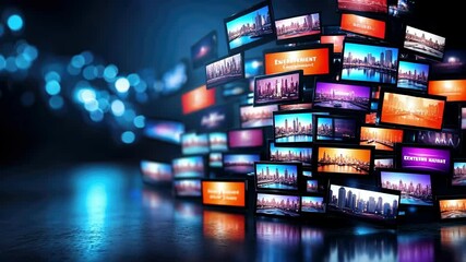 Dynamic array of movie screens depicting various genres and cinematic chaos