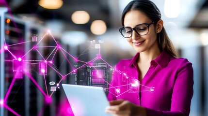 Obraz premium A professional woman in a modern data center working on a digital tablet with a futuristic interface overlay, highlighting global connectivity and innovation in technology.