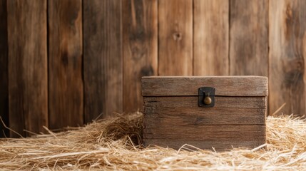 A rustic storage chest rests atop hay, embodying an organic aesthetic that connects with nature, suggesting stories of the past and childhood memories hidden within.