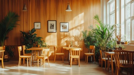 Fototapeta premium Sunlit cafe interior with wooden furniture and plants