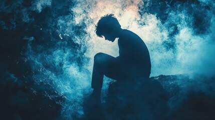 Fototapeta premium Silhouette of a person sitting in a foggy environment, deep in thought during twilight hours