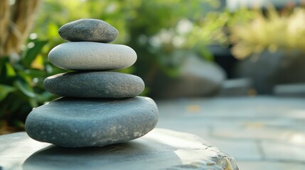 Flat stones stacked in layers, creating a sense of depth and harmony with a focus on earthy, natural aesthetics.