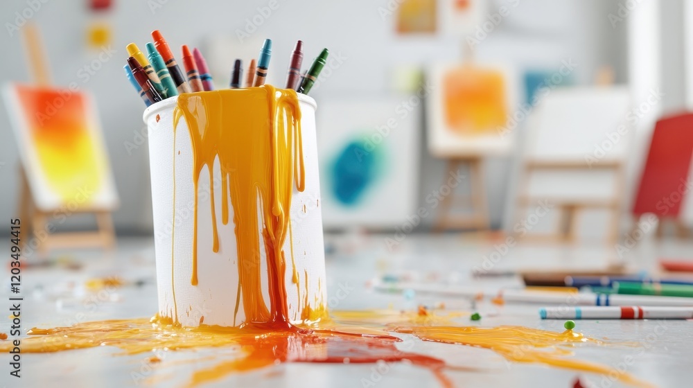 Aufkleber a vibrant bucket spills an array of colorful paints, creating a messy yet artistic scene that embodi