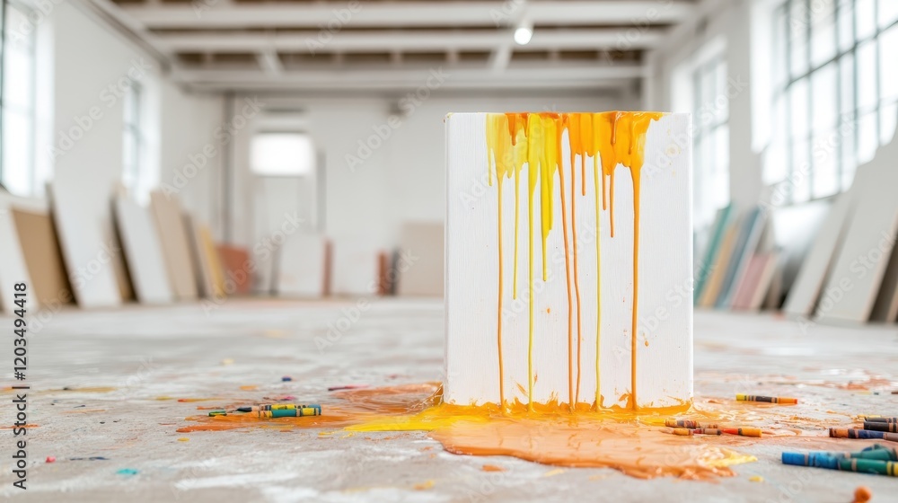 Aufkleber a blank canvas with vibrant paint drips creates a visually striking scene in an art studio, reflecti