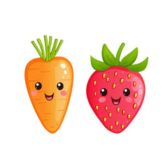 Adorable Kawaii Faces of Carrot and Strawberry Clipart Design