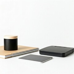 Stylish desk arrangement with notebook, jar, tablet, and organizer