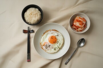 Simple Breakfast Meal With Fried Egg Rice And Kimchi