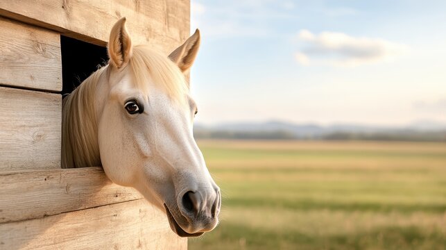 A beautiful white horse leans out of a rustic stable window, set against a picturesque landscape that captures the essence of rural life and nature's tranquility.