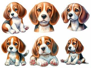 Cute beagle puppies dressed in various outfits with accessories showcasing their playful personalities
