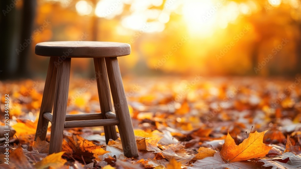 Poster a rustic stool is foregrounded against a backdrop of colorful autumn foliage, illuminated by the sof