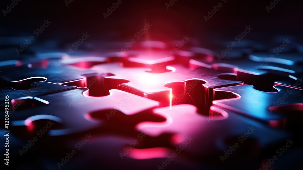 Poster this captivating image captures illuminated puzzle pieces interlocking with glowing red highlights, 