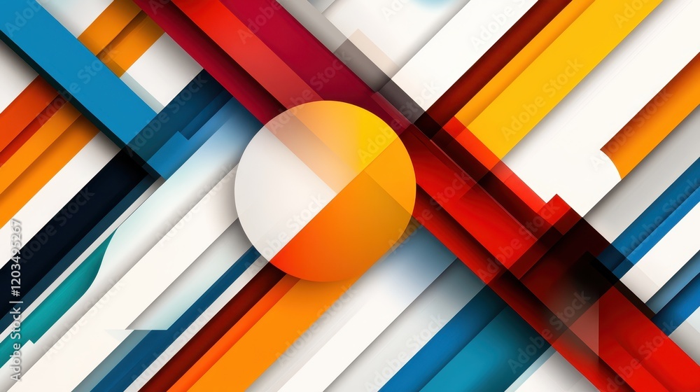 Poster featuring an intricate design of abstract shapes and a bold color palette, this image captures the e