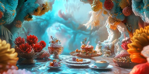 Whimsical underwater tea party scene with vibrant coral, sweets, and a magical atmosphere. Perfect for fantasy, fairytale, or whimsical themes.