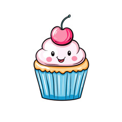 Cute Kawaii Cupcake with Cherry on Top Cartoon Dessert Element