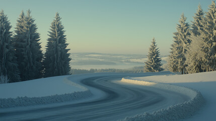 Snowy Winter Road in a Mountain Landscape