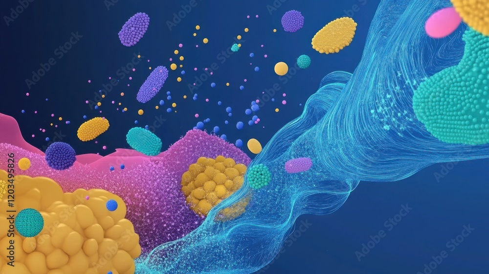 Poster colorful abstract representation of cellular structures and molecular interactions in a vibrant back