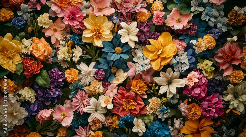 Aufkleber A spectacular array of artificial flowers in a myriad of colors fills the space, creating a lively atmosphere reminiscent of a bustling spring garden. Each bloom adds its unique charm