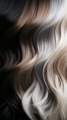 Naklejka premium Gradient poster showcasing trendy hair color shades: ash brown, smokey gray, and cool platinum tones arranged elegantly.