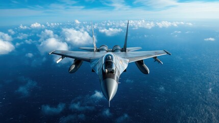 An impressive view of a jet fighter soaring above the ocean, showcasing advanced military technology against a backdrop of stunning blue skies and serene clouds.